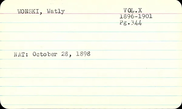 Naturalization Index, District Court, New Haven County at Waterbury,  1895-1971, Wonski-Zyskowski