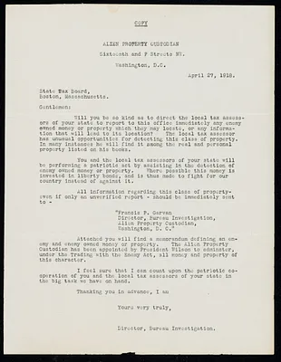 Letter from Alien Property Custodian