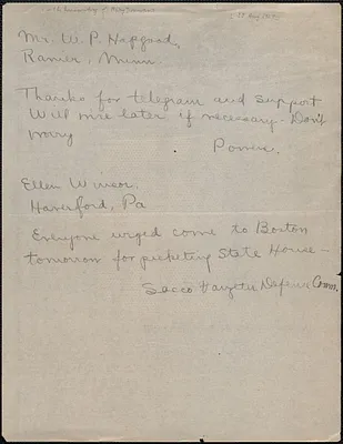 Mary Donovan (Sacco-Vanzetti Defense Committee) telegram (copy) to Ellen Winsor, Boston, Mass., [August 19, 1927]