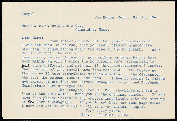 Judd, Charles Hubbard, 1873-1946 typed letter to Messrs. H.O. Houghton & Co., New Haven, Conn., 10 March 1906