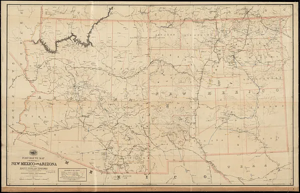 Post route map of the territories of New Mexico and Arizona with parts of adjacent states and territories showing post offices with the intermediate distances and mail routes in operation on the 1st of October 1891