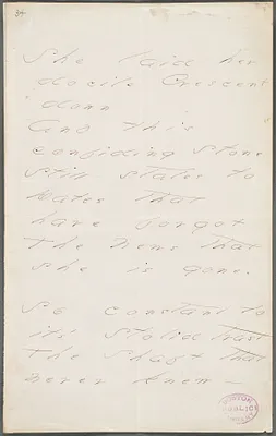 Emily Dickinson, Amherst, Mass., autograph manuscript poem: She laid her docile Crescent down, 1877