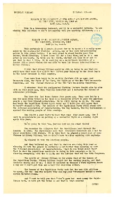 Press Release, Speeches of President Harry S. Truman in New York City - Union Square, City Hall, Sara Delano Roosevelt Park, Democratic Club Reception