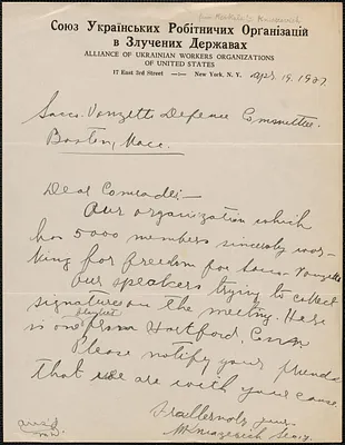 M[ikala?] Kniazevich (Alliance of Ukrainian Workers Organizations of United States) autograph note signed to Sacco-Vanzetti Defense Committee, New York, N.Y., April 19, 1927