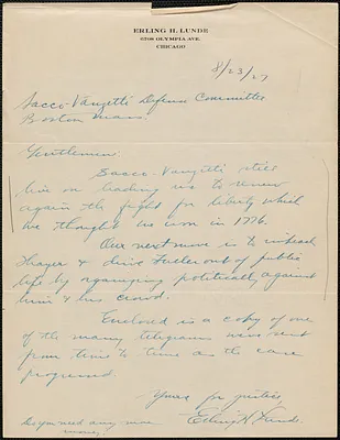 Erling H. Lunde autograph letter signed. to Sacco-Vanzetti Defense Committee, Chicago, Ill., August 23, 1927