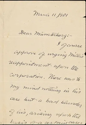 Royce, Josiah, 1855-1916 autograph letter signed to Hugo Münsterberg, Cambridge, Mass., 11 March 1901