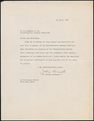 Zoltán Haraszti typed note signed to Sacco-Vanzetti Defense Committee, Cambridge, Mass., April 12, 1927