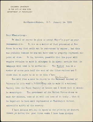 Cattell, James McKeen, 1860-1944 typed letter signed to Hugo Münsterberg, Garrison-on-Hudson, 24 January 1900