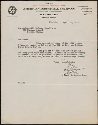 Theodore H. Lunde (American Industrial Company) typed note signed to Sacco-Vanzetti Defense Committee, Chicago, Ill., April 22, 1927