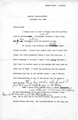 Second Draft of Speech for Former President Harry S. Truman