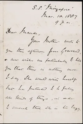 [John Biddulph Martin] autograph note to [Zula Maud Woodhull], S.S. [?], March 10, 1887