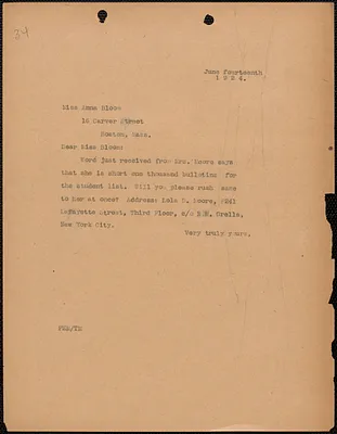 [Fred H. Moore] typed note (copy) to Anna Bloom, [Boston, Mass.], June 14, 1924