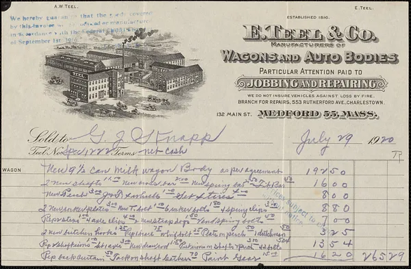 Invoice from E. Teel & Co. for G. J. Knapp, July 29, 1920