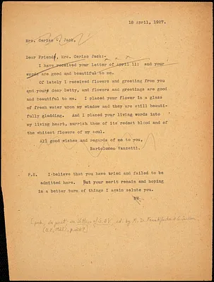 Bartolomeo Vanzetti typed note (copy) to Cerise Jack, [Dedham], 18 April 1927