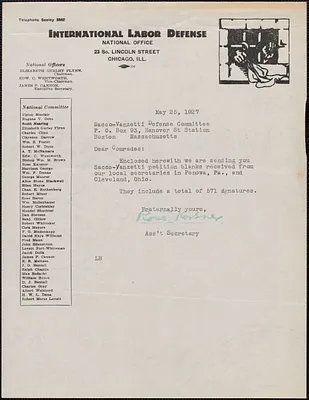 Rose Karsner (International Labor Defense) typed note signed to Sacco-Vanzetti Defense Committee, Chicago, Ill., May 25, 1927