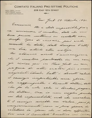 Luigi Quintiliano (Comitato Italiano Pro-Vittime Politiche) autograph letter signed, in Italian, to [Frank Lopez?] New York, N.Y., September 23, 1921