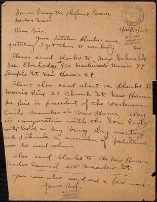 Walter E. Davis (Socialist Party) autograph letter to Sacco-Vanzetti Defense Committee, Hamden, Conn., April 17, 1927