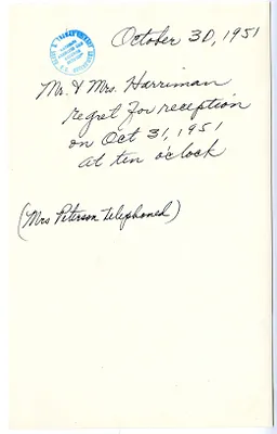 Invitation Reply from Mr. and Mrs. Averell Harriman to the White House Social Office