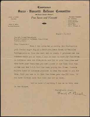 Fred E. Beal (Lawrence Sacco-Vanzetti Defense Committee) typed letter signed to Joseph Moro, Lawrence, Mass., August 31, 1927