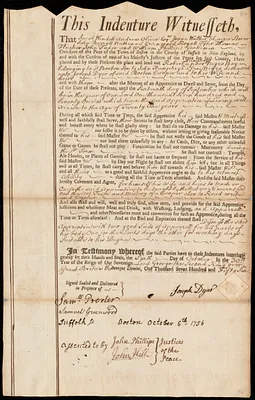 Robert Humphreys [Humphrys] indentured to apprentice with Joseph Dyer of Boston, 6 October 1756