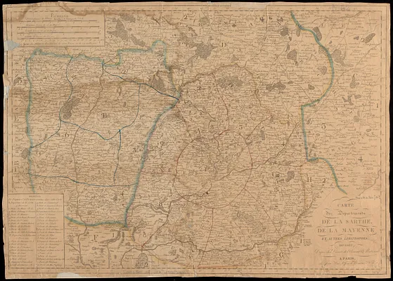 Carte des départements de La Sarthe, de La Mayenne et autres limitrophes, divisée d'apres les décrets de l'Assemblée Nationale