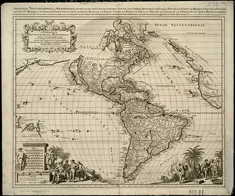 L'Amérique Septentrionale & Meridionale divisée en ses principales parties, ou sont distingués les vns des autres les estats suivant qu'ils appartiennent presentement aux François, Castillans, Portugais, Anglois, Suedois, Danois, Hollandois &c