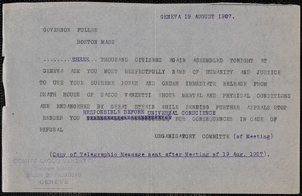 Comité Sacco-Vanzetti, Section Suisse telegram (copy) to [Alvan T.] Fuller, Geneva, Switzerland, August 19, 1927