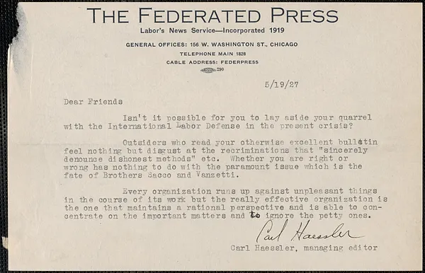 Carl Hassler (The Federated Press) typed letter signed to Sacco-Vanzetti Defense Committee, Chicago, Ill., May 19, 1927