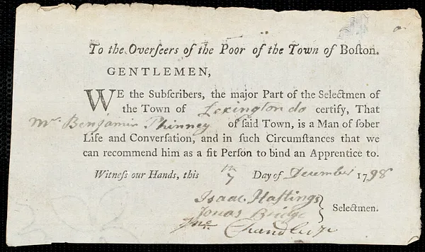 Thomas Filley Brown indentured to apprentice with Benjamin Phinney of Lexington, 8 December 1798