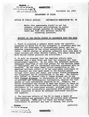 Department of State, Office of Public Affairs, Information Memorandum Number 59, Efforts by the United States to Cooperate with the USSR