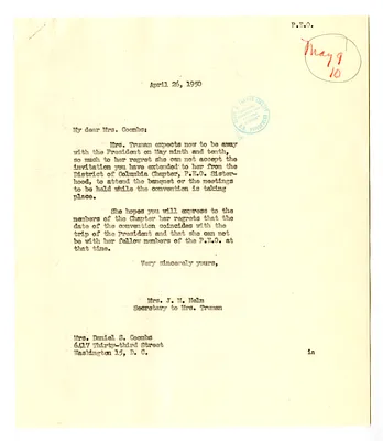 Letter from Cora Coombs to Bess W. Truman with a Reply from Edith Helm