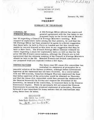 Memorandum, State Department Summary of Telegrams