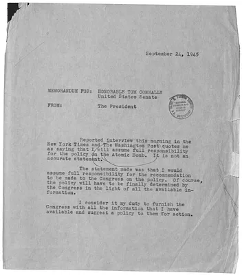 Memorandum from President Harry S. Truman to Senator Tom Connally