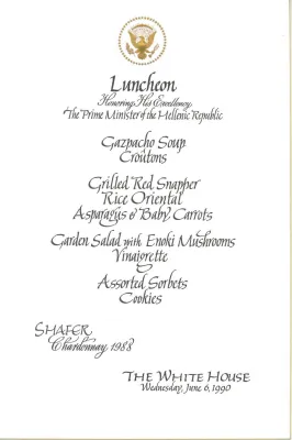 Cards-Menus, Luncheon, Honoring His Excellency The Prime Minister of the Hellenic Republic, The White House, June 6, 1990