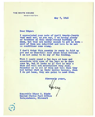 Letter from Harry S. Truman to Edgar Hinde