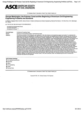 Abstract for George Washington, the Potomac Canal and the Beginning of American Civil Engineering: Engineering Problems and Solutions, from the American Society of Civil Engineers, 2006