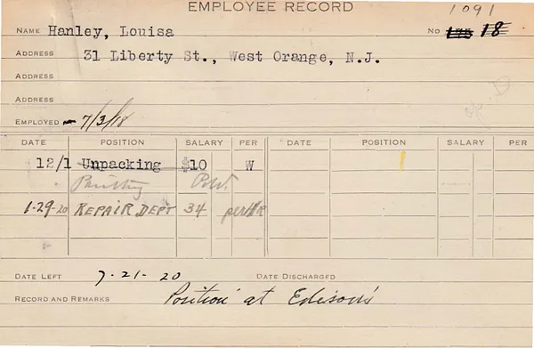 Employee Record, January 29, 1920