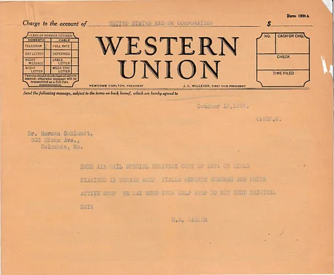 Telegram to Dr. Herman Schlundt, October 19, 1928