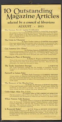 Herbert Brutus Ehrmann Papers, 1906-1970. Sacco-Vanzetti. Poster: 10 Outstanding magazine articles selected by a council of librarians, Aug. 1933. Box 3, Folder 6, Harvard Law School Library, Historical & Special Collections