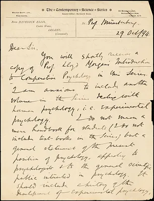 Ellis, Havelock, 1859-1939 autograph letter signed to Hugo Münsterberg, Lelant, Eng., 29 October 1894