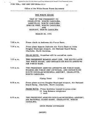 Trip of the President to Charlotte, North Carolina, Asheville, North Carolina, Spruce Pine, North Carolina, and Hickory, North Carolina, March 20, 1976 [Schedule]