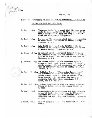 Memorandum, "Tentative Chronology of Part Played by Scientists in Decision to Use the Bomb Against Japan"