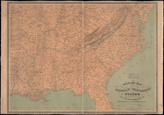 Military map of the middle and southern states showing the seat of war during the great rebellion in 1861