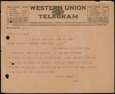 Robert Zelms (International Labor Defense) telegram to Sacco-Vanzetti Defense Committee, Boston, Mass., June 23, 1926