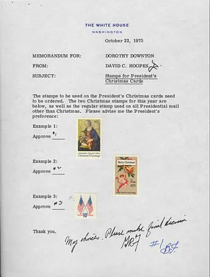 Memorandum for Dorothy Downton from David Hoopes Regarding Stamps for President Ford's Christmas Cards