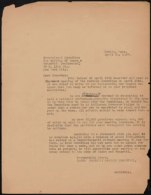 Sacco-Vanzetti Defense Committee typed letter (copy) to Provisional Committee for Calling of Sacco-Vanzetti Conference (New York), Boston, Mass., April 15, 1927