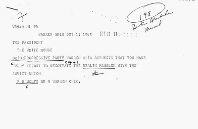 Telegram from P. H. Wolfe to President Harry S. Truman