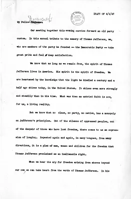 Draft of Jefferson Day Speech for President Harry S. Truman