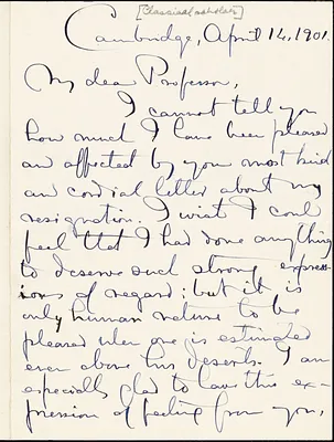 Goodwin, William Watson, 1831-1912 autograph letter signed to Hugo Münsterberg, Cambridge, Mass., 14 April 1901