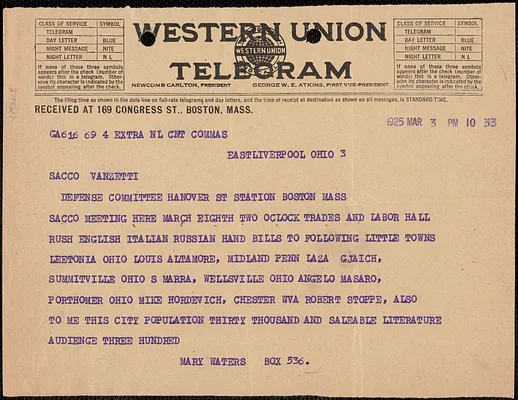 Mary Waters telegram to Sacco-Vanzetti Defense Committee, East Liverpool, Ohio, March 3, 1925